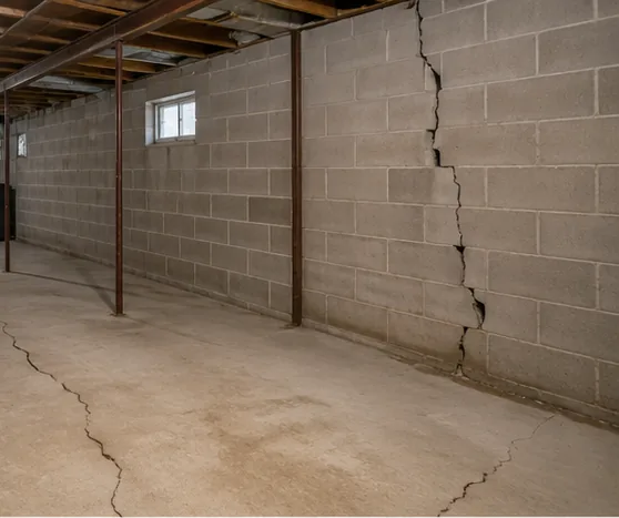 Unfinished basement with a floor crack