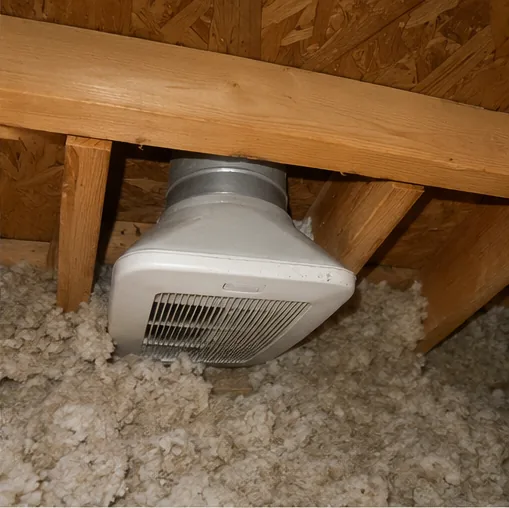 Bathroom exhaust fan venting inspected in an attic