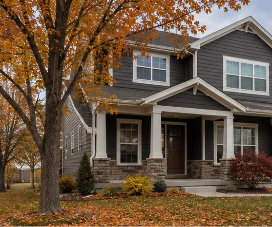 Blaine MN home framed by autumn trees
