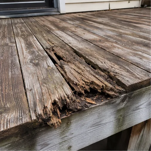 Rotted soffit and fascia wood at a roof overhang