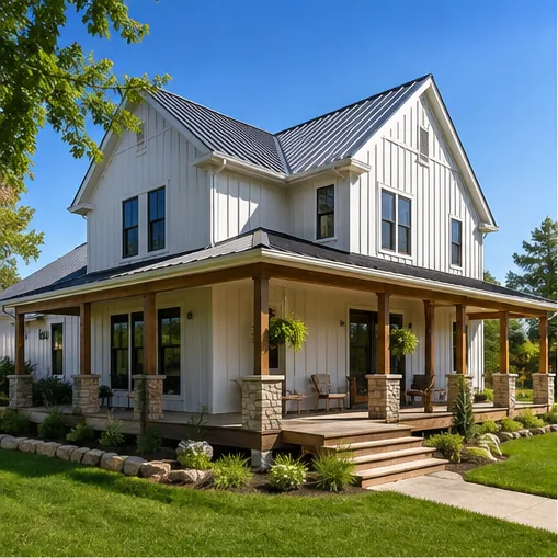 White farmhouse exterior inspected in Blaine MN